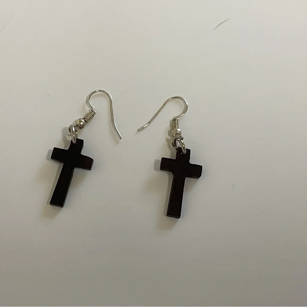 Wood Cross Earrings dangle fish hook - Picture 2 of 5